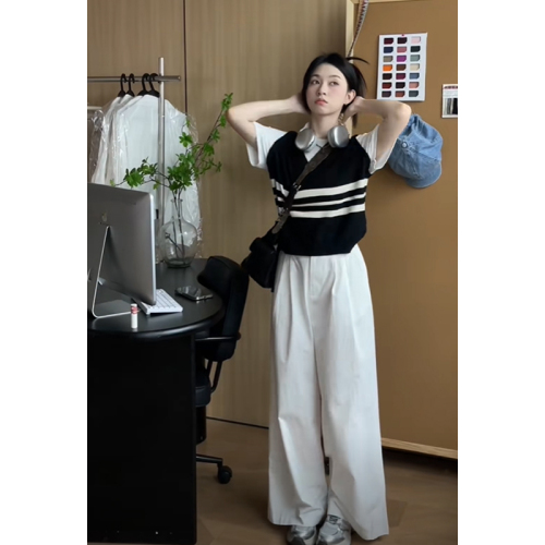 Korean sweet college style fake two-piece sweater for women summer new striped contrasting short-sleeved age-reducing top