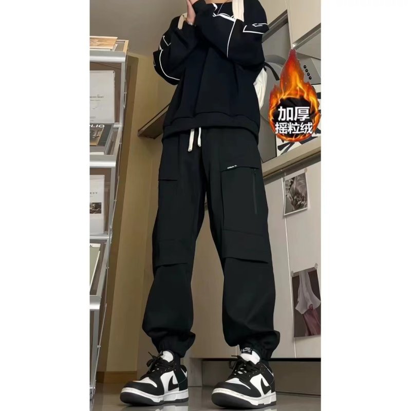 Men's fleece casual pants with multiple pockets and leggings cargo pants