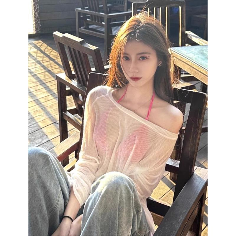 White blouse for women summer seaside vacation style thin slightly see-through air-conditioning shirt sun protection top