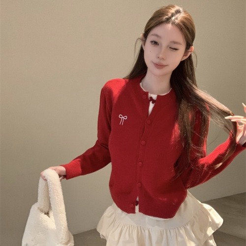 Embroidered bow fake two-piece design cardigan sweater for women in autumn and winter with white top