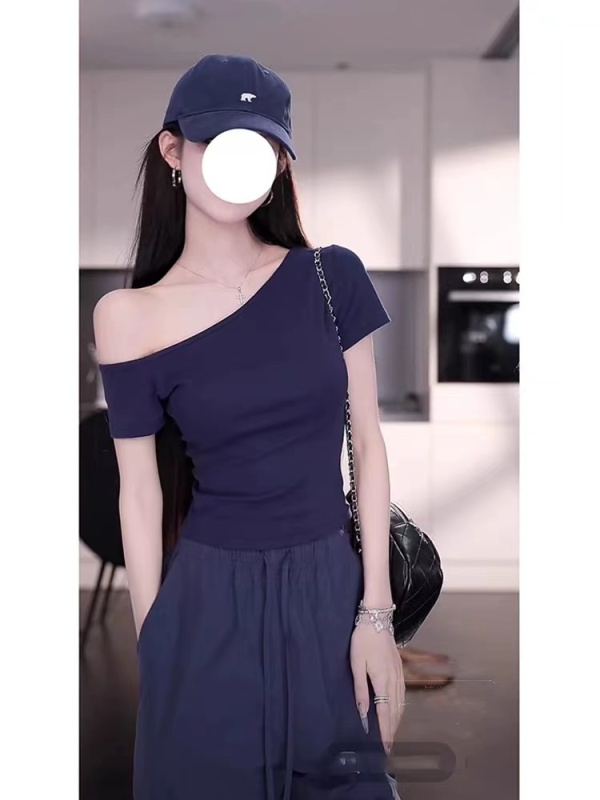 Pure desire oblique off-shoulder short-sleeved T-shirt women's summer new style careful machine showing white hot girl tight-fitting right-shoulder short top
