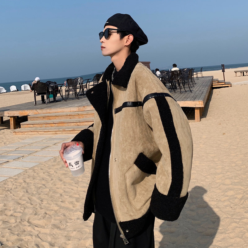 Hong Kong style suede fur one-piece lamb wool cotton-padded jacket men's jacket national fashion cotton-padded jacket for men