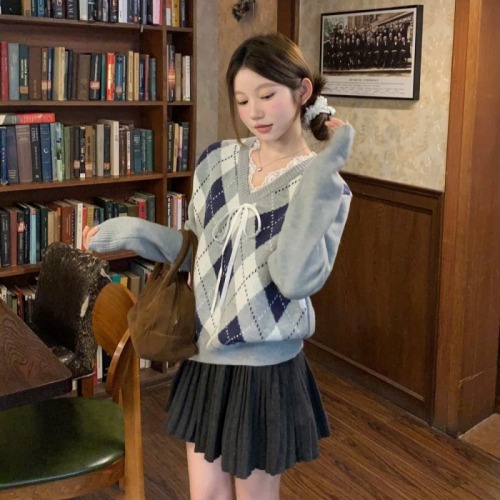 V-neck sweater women's autumn and winter lazy high-end retro loose diamond gray sweater