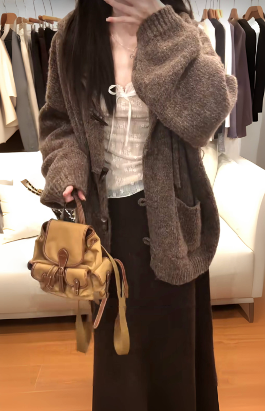 Lace knitted horn button hooded sweater jacket + versatile A-line knitted skirt