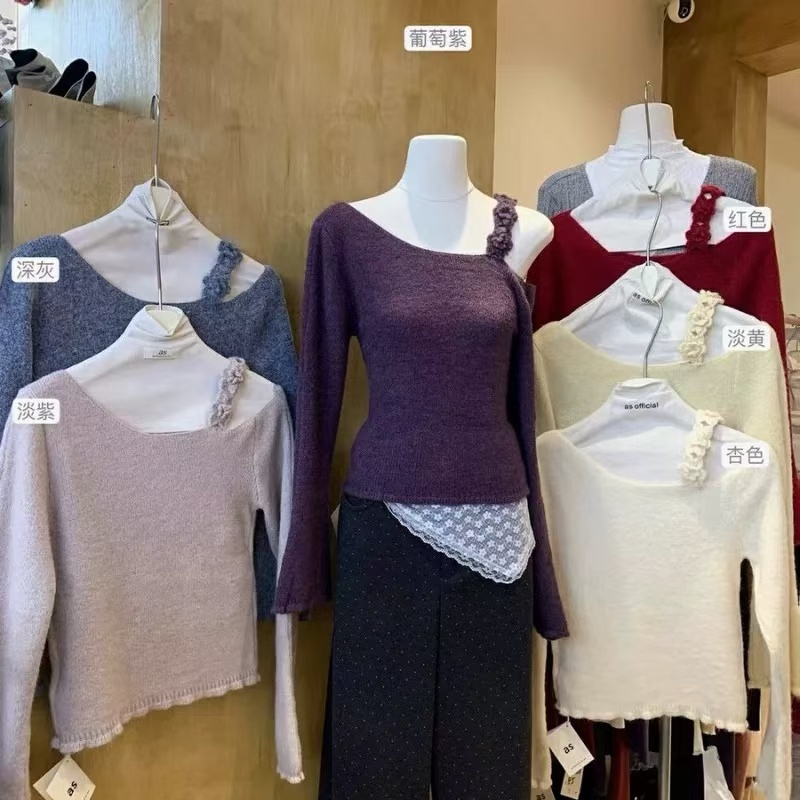 Purple hand-crocheted off-shoulder sweater for women early autumn 2024 new soft waxy sweater short petite top