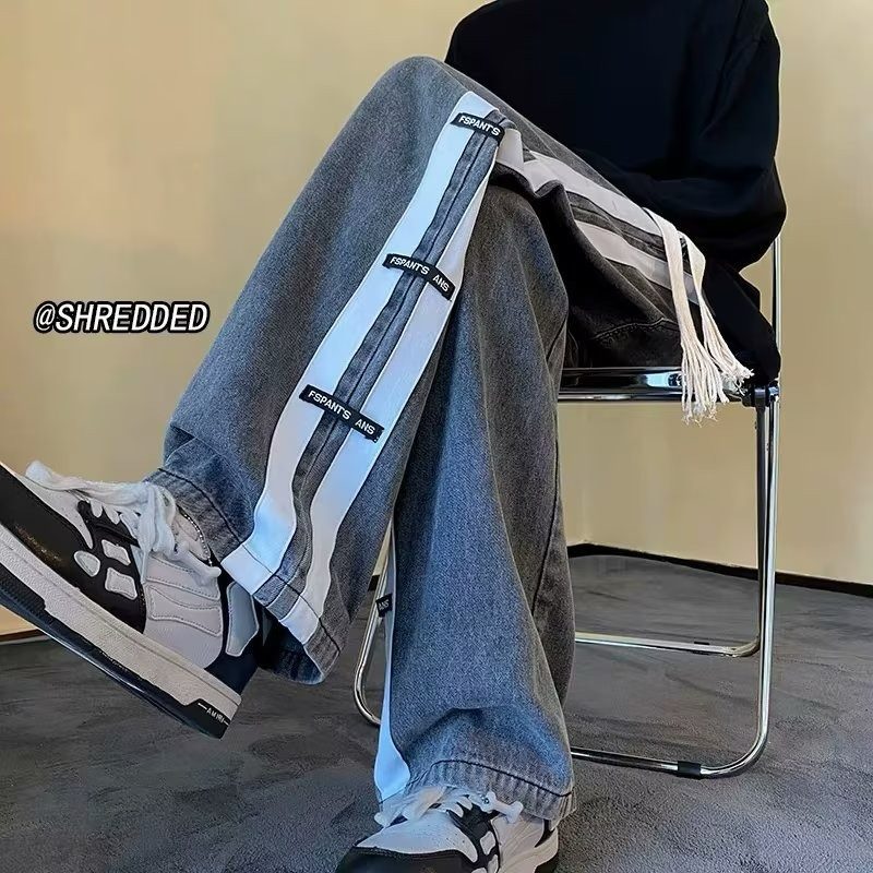 Striped patchwork jeans for men, trendy brand loose straight wide-leg pants, American high street, large size casual long pants