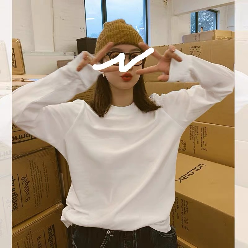 Versatile Korean style top with white long-sleeved T-shirt loose round neck brushed pure cotton slit bottoming shirt for women spring and autumn