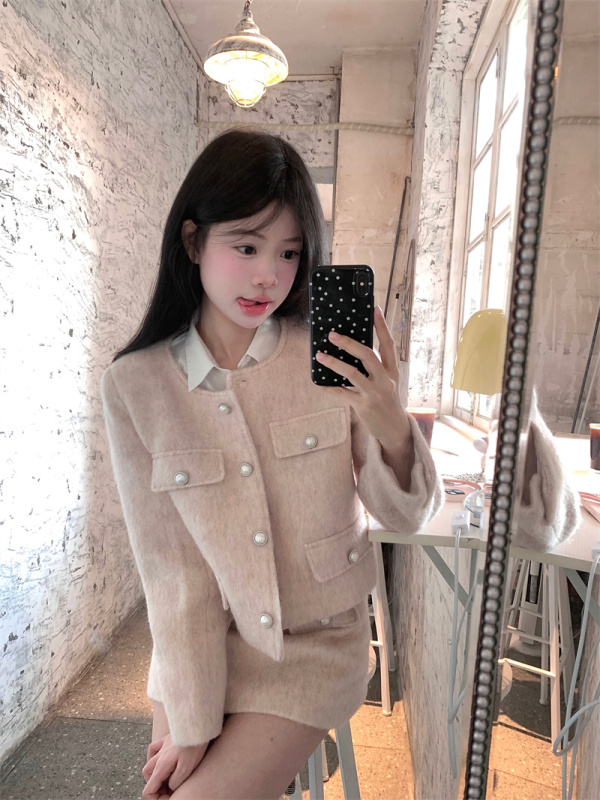 Sweet French girly style high-end pink jacket and skirt suit
