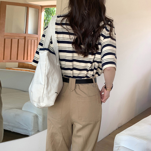 Retro Striped Short Sleeve T-Shirt Women's Summer Loose Slim Embroidered Contrast Color Round Neck Casual Half Sleeve Top