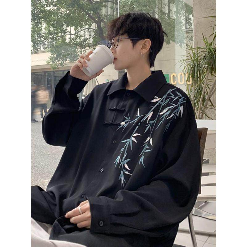New Chinese style light national style men's bamboo embroidered shirt men's spring youth national trend long-sleeved casual top jacket