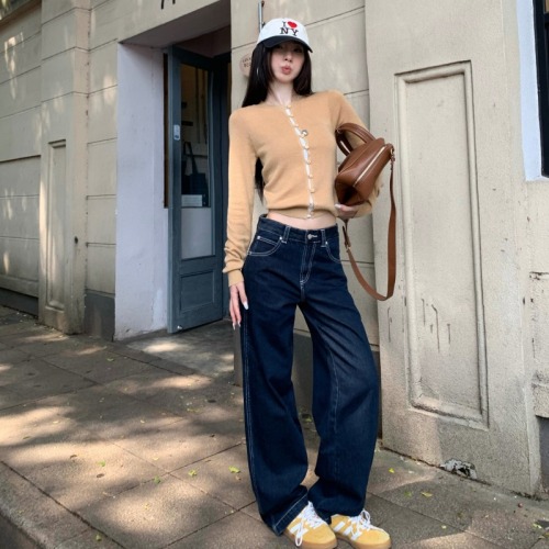 Retro dark blue work jeans for women in fall, loose American style low-waisted lazy straight wide-leg pants