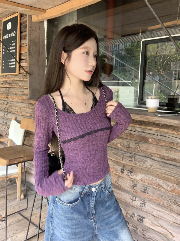 Fake two-piece halterneck lace long-sleeved plush knitted top