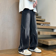 Autumn new style washed gradient tie-dye pleated retro denim trousers
