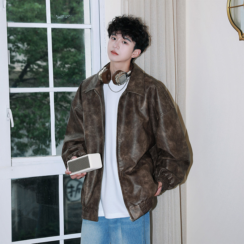 Autumn new tie-dye leather jacket Maillard design casual leather jacket for men