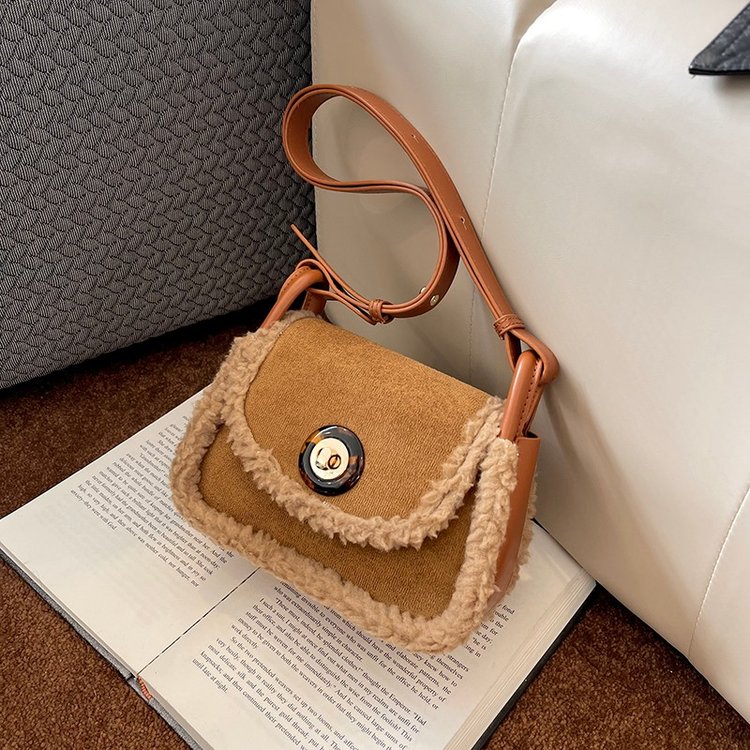 Cross-border women's bag autumn and winter new retro frosted saddle bag lamb wool high-end women's crossbody bag shoulder bag