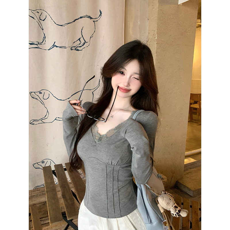 Design lace brushed bottoming back lace v-neck bottoming inner wear for autumn and winter
