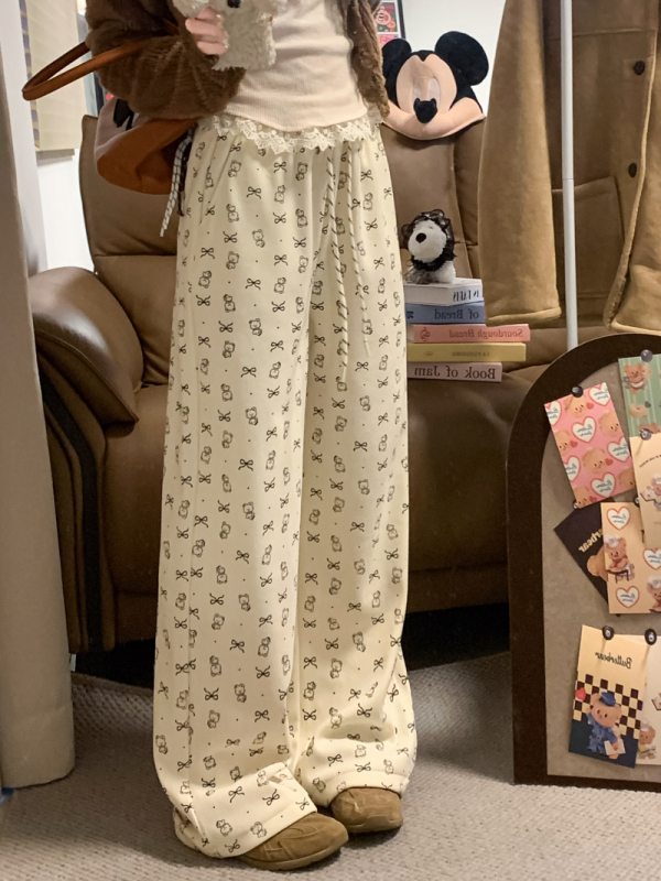 Printed velvet thickened wide-leg pants for women, drapey loose pants, casual floor mopping trousers