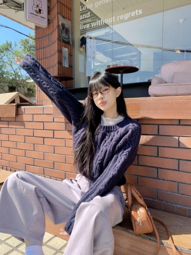 Ice silk mesh polka dot inner layer with solid color twist navy blue round neck sweater and lazy casual nine-point pants