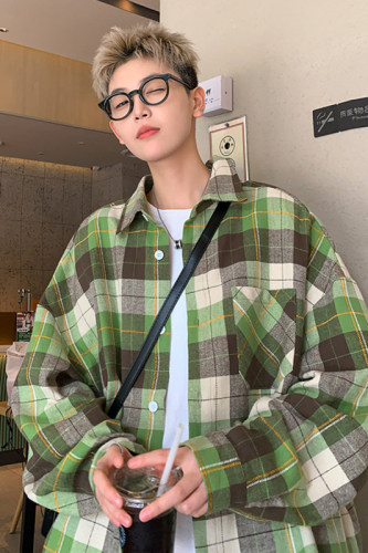 Spring new style Hong Kong style outdoor large size plaid casual long-sleeved shirt