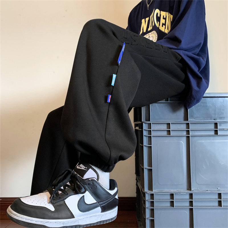 Hong Kong style Chinese cotton casual pants men's hemmed striped loose large size leggings sweatpants