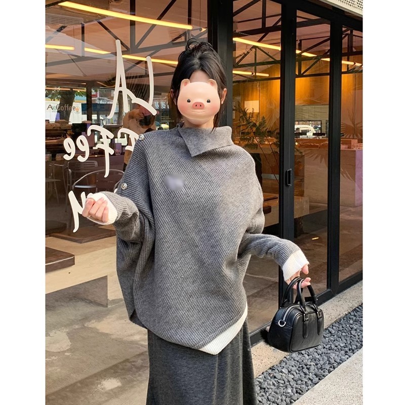 Contrast color high collar irregular cape sweater for women autumn and winter Korean style lazy style mid-length soft waxy sweater top