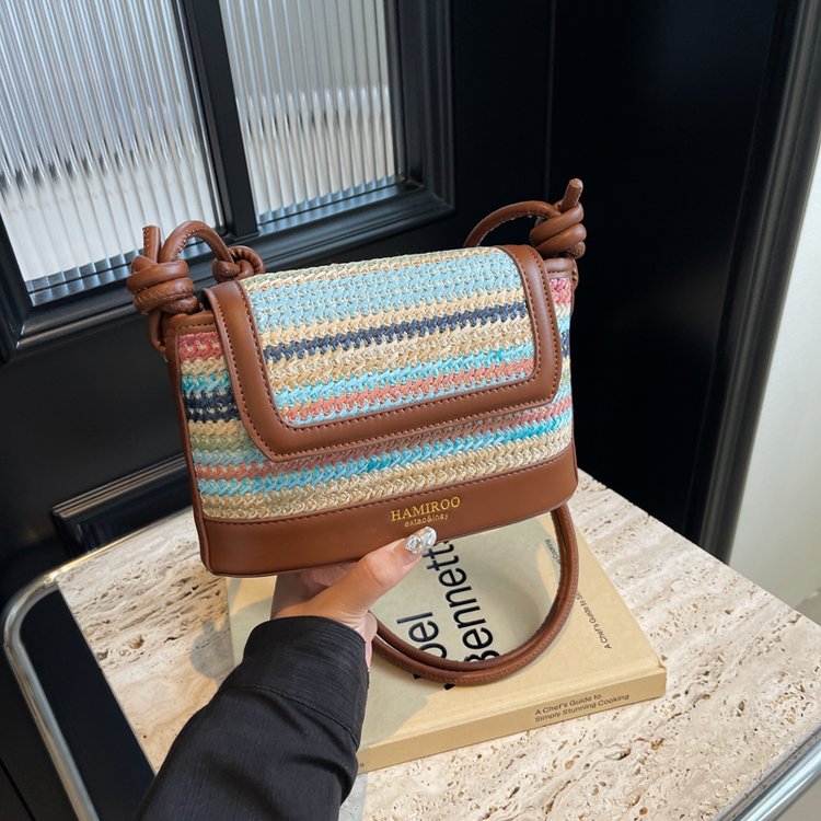2024 Rainbow Straw Small Bag Women's New Trendy Summer Fashion Woven One-Shoulder Messenger Bag Bucket Bag for Women