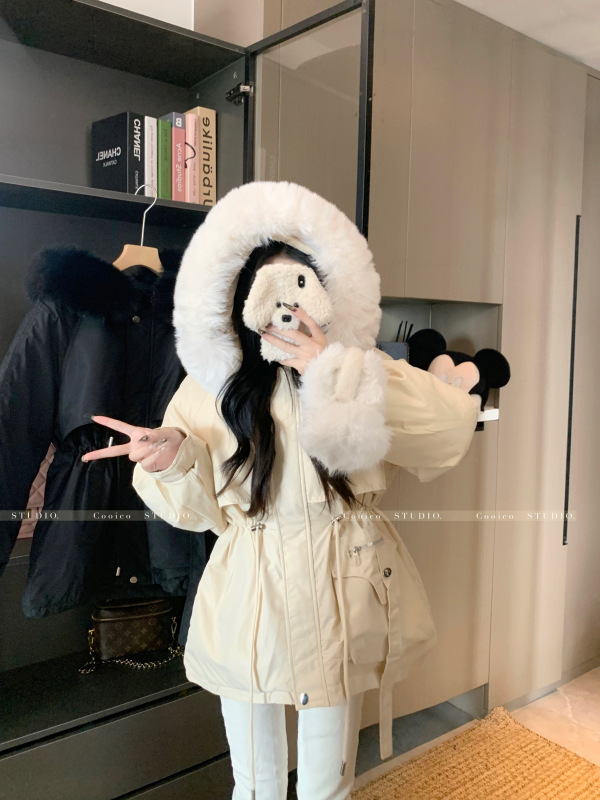 Drawstring slim design cotton splicing furry collar snow elf milk white cotton top