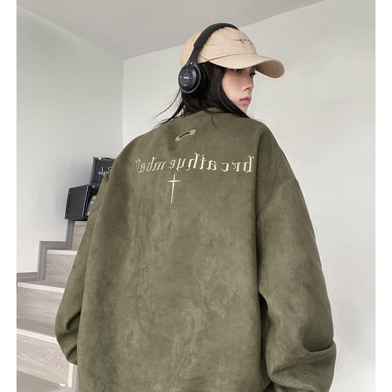 Embroidered suede sweatshirt for women, American autumn new style, round neck jacket for men