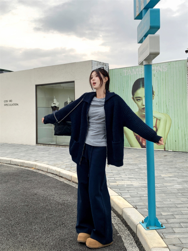 Lazy style loose zipper sweater jacket women's pleated long-sleeved bottoming shirt and sweatpants three-piece set