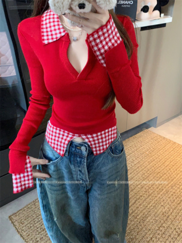 Autumn and winter plaid splicing fake two-piece V-neck sweater for women