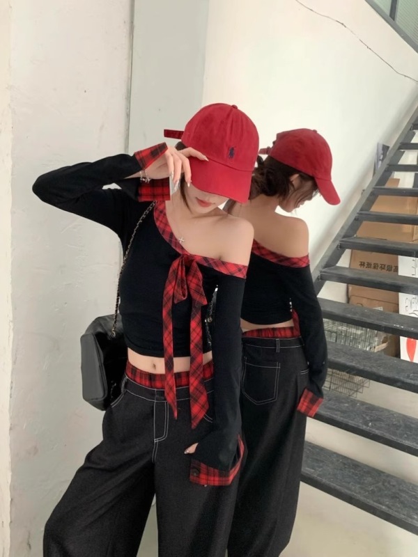 Black plaid stitching bow slanted shoulder T-shirt for women in autumn and winter sweet hottie off-shoulder bottoming shirt with inner top