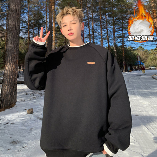 New winter style Hong Kong style outdoor large size fake two-piece fleece sweatshirt