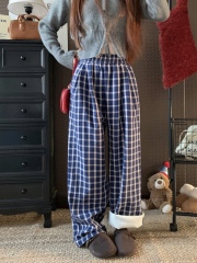 Korean version of Ruth's same style plus velvet and thickened retro plaid casual high-waisted slimming versatile wide-leg pants