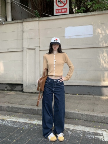 Retro dark blue work jeans for women in fall, loose American style low-waisted lazy straight wide-leg pants