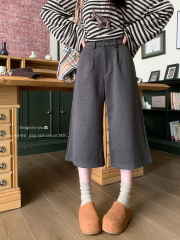 Autumn and winter new fashion high-waist slim thickening loose retro straight woolen three-quarter wide-leg pants for women