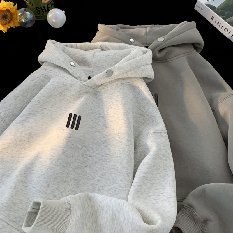 Buttoned simple embroidered inner fleece hooded sweatshirt