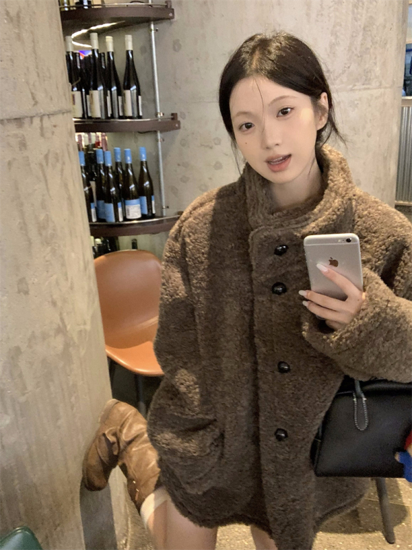 Fur one-piece curly stand-collar coat for women furry cotton tops for women