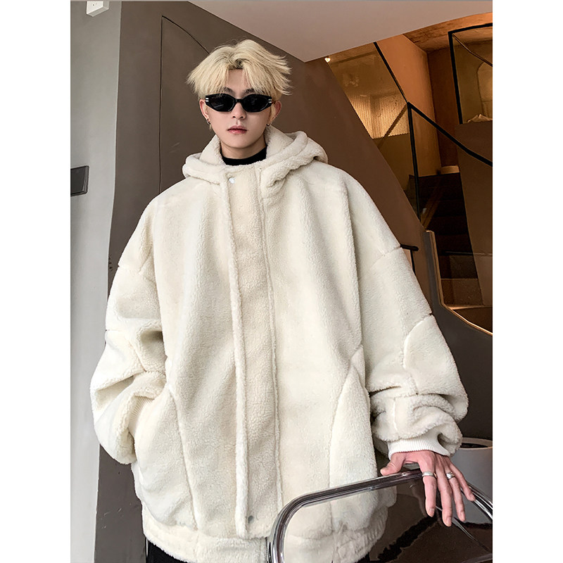 American winter lamb wool coat hooded men's Korean style loose lamb wool warm and thickened cotton coat