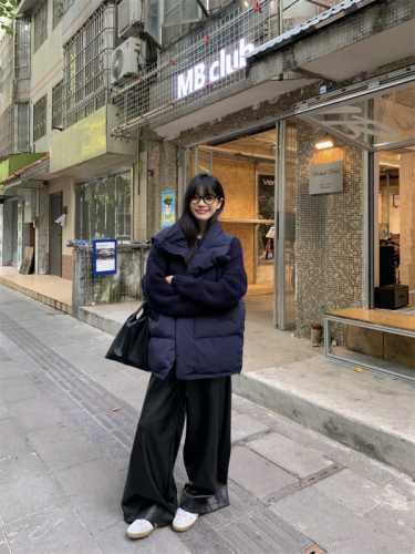 Style navy blue versatile loose round neck soft waxy thickened sweater + thickened vest cotton coat