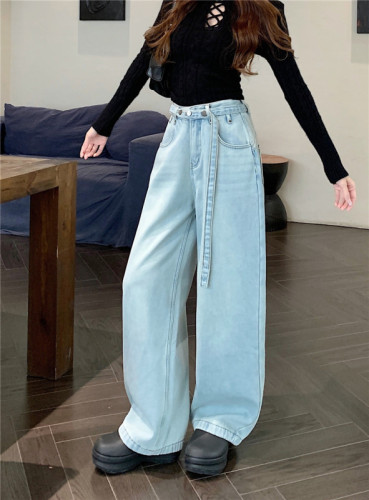 Women's velvet straight-leg pants, Korean style niche design, lace-up, high-waisted, versatile, loose casual jeans