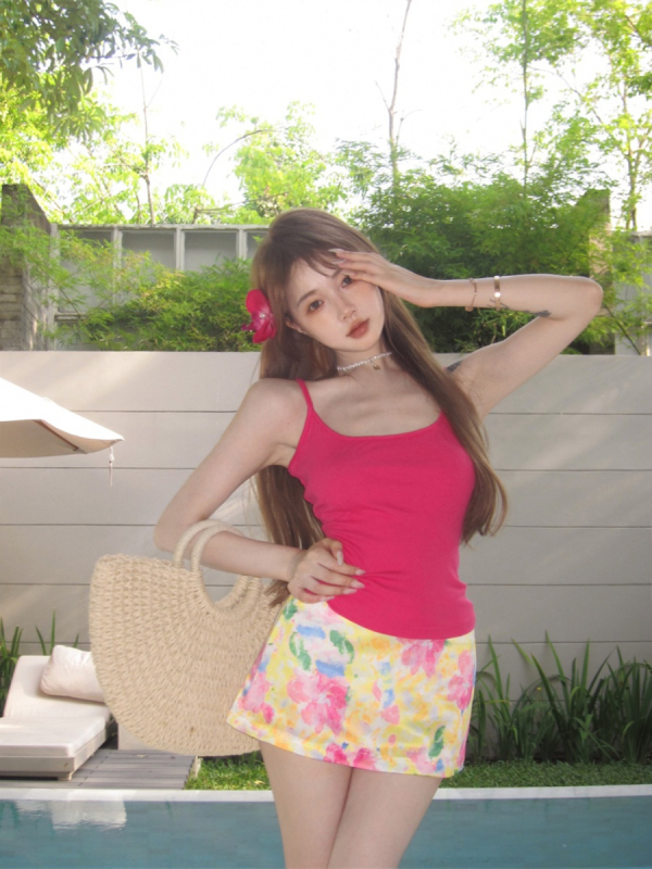kumikumi sweet hottie suit female pink short camisole summer satin printed skirt two-piece set