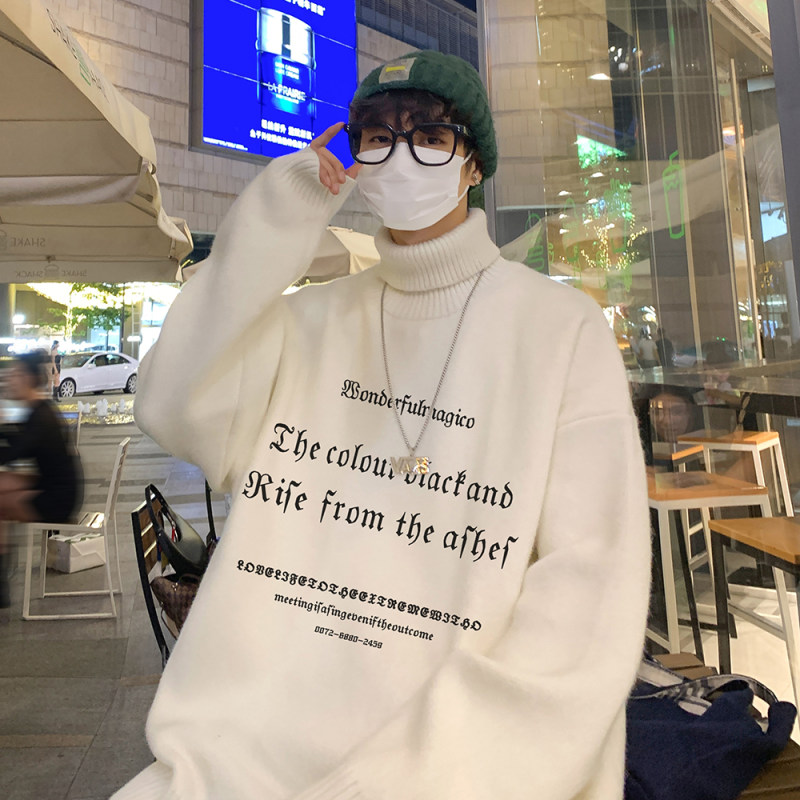 Hong Kong style night view personalized letter print loose casual flip-up turtleneck sweater