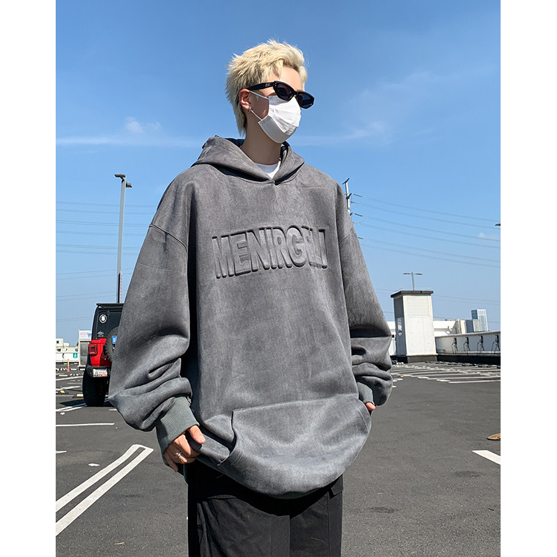 Kepin autumn high street heavy suede steel printed hooded sweatshirt jacket