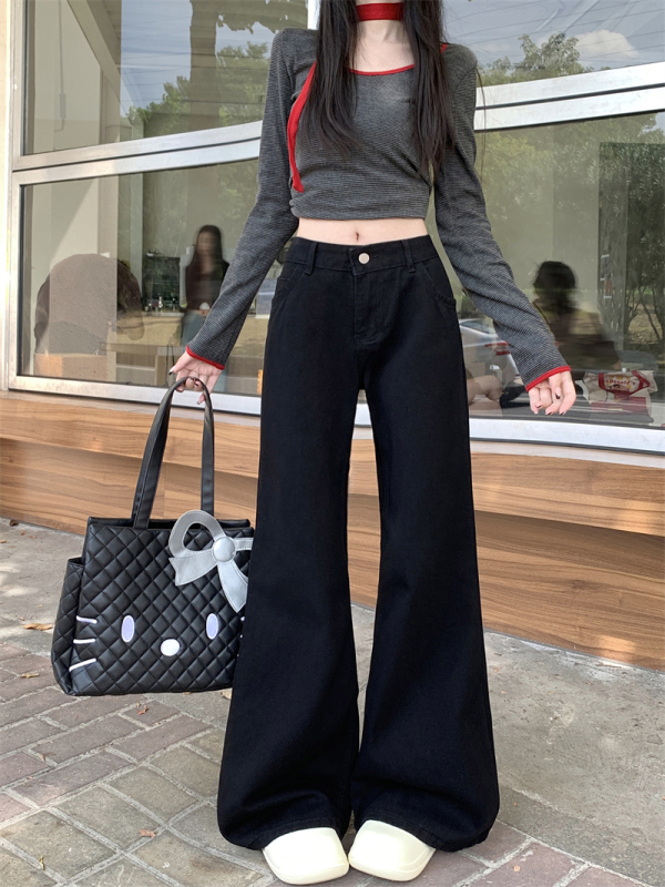 American black low-waisted bootcut jeans for women in autumn new hot girl style straight-leg floor-length trousers high street