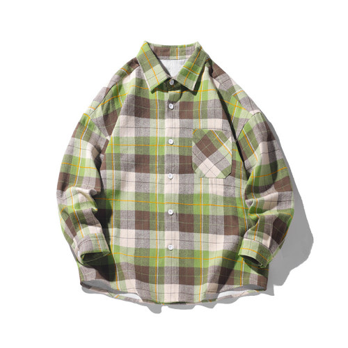 Spring new style Hong Kong style outdoor large size plaid casual long-sleeved shirt