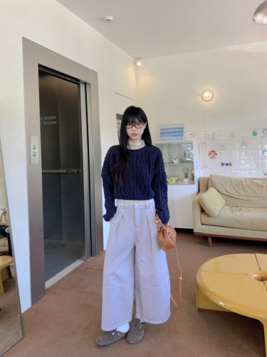 Ice silk mesh polka dot inner layer with solid color twist navy blue round neck sweater and lazy casual nine-point pants