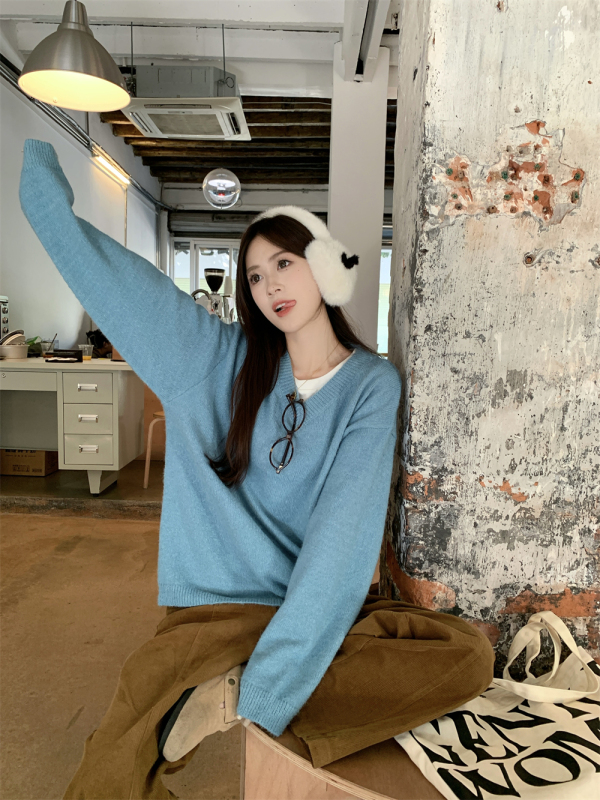 Korean style lazy v-neck loose solid color sweater versatile soft waxy wool sweater corduroy pants