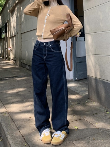 Retro dark blue work jeans for women in fall, loose American style low-waisted lazy straight wide-leg pants