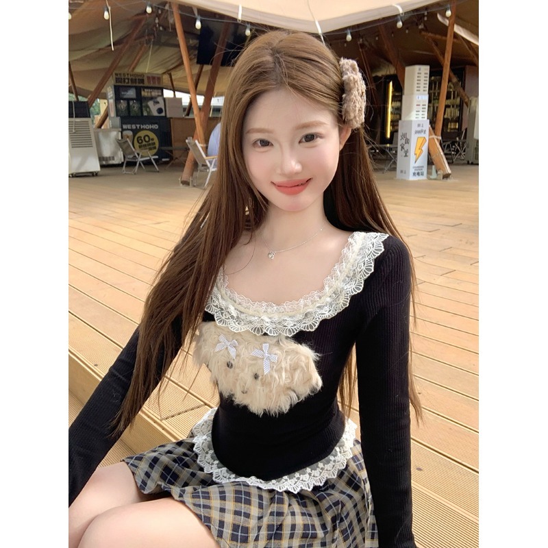 Fat girl cute puppy lace stitching long-sleeved T-shirt women's slim and tight design sweet contrasting color versatile top