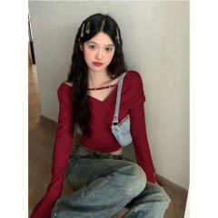 1002# Ankola red hot girl style slim cross long-sleeved T-shirt for women